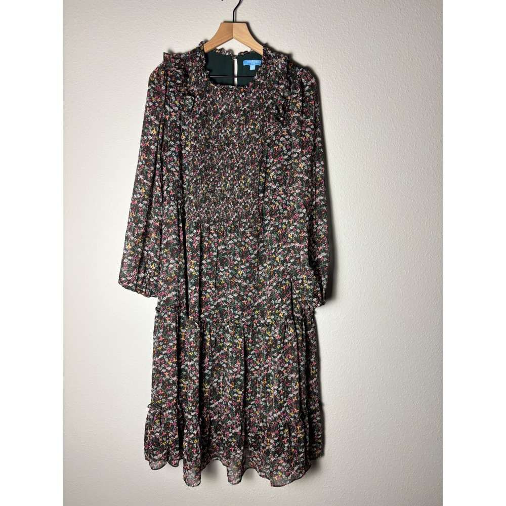Draper James RSVP Floral Smocked Tiered Midi Dress Green Pink 1X KDP7175PSY